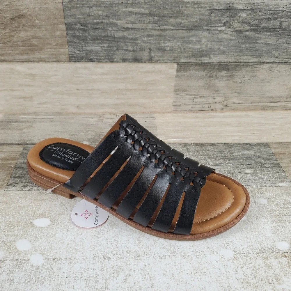 Comfortiva Dasya Womens Slide Sandal Sz 7 Black Leather Slip On Open Toe Footbed